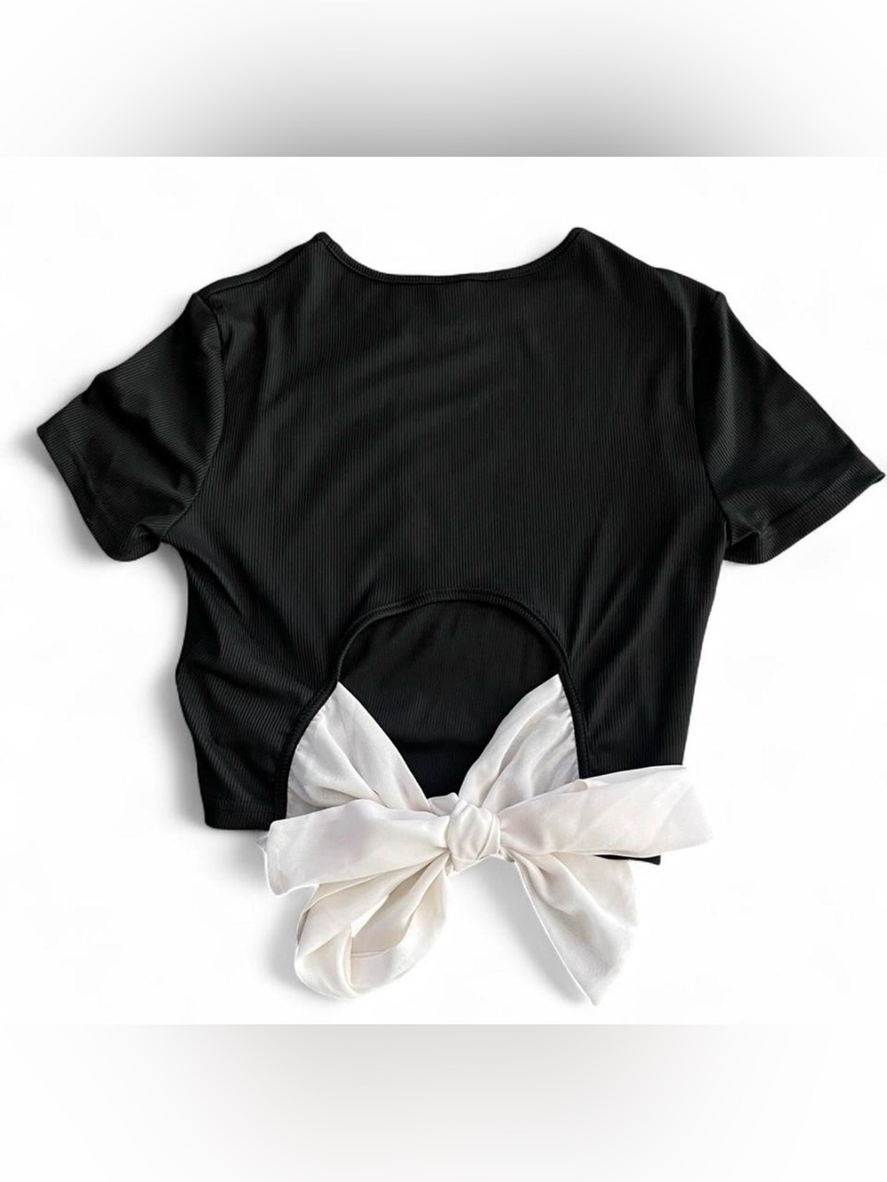 Black Ribbed Open Back Bow Crop Top Medium Y2K Coquette